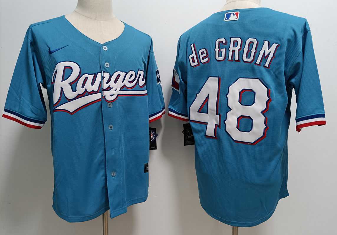 Men%27s Texas Rangers #48 Jacob deGrom Light Blue With Patch Cool Base Stitched Baseball Jersey